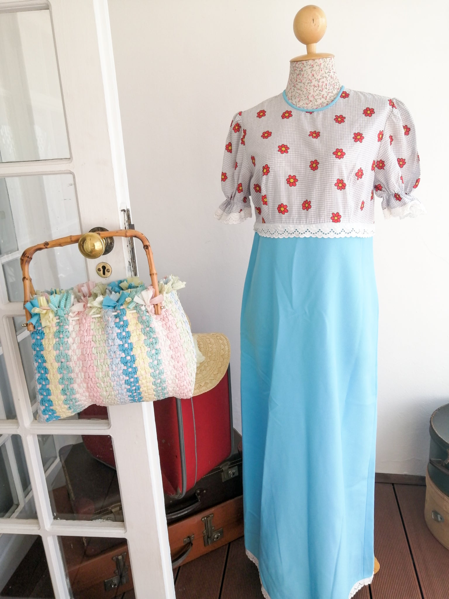 1970's Vintage long blue dress with red floral print