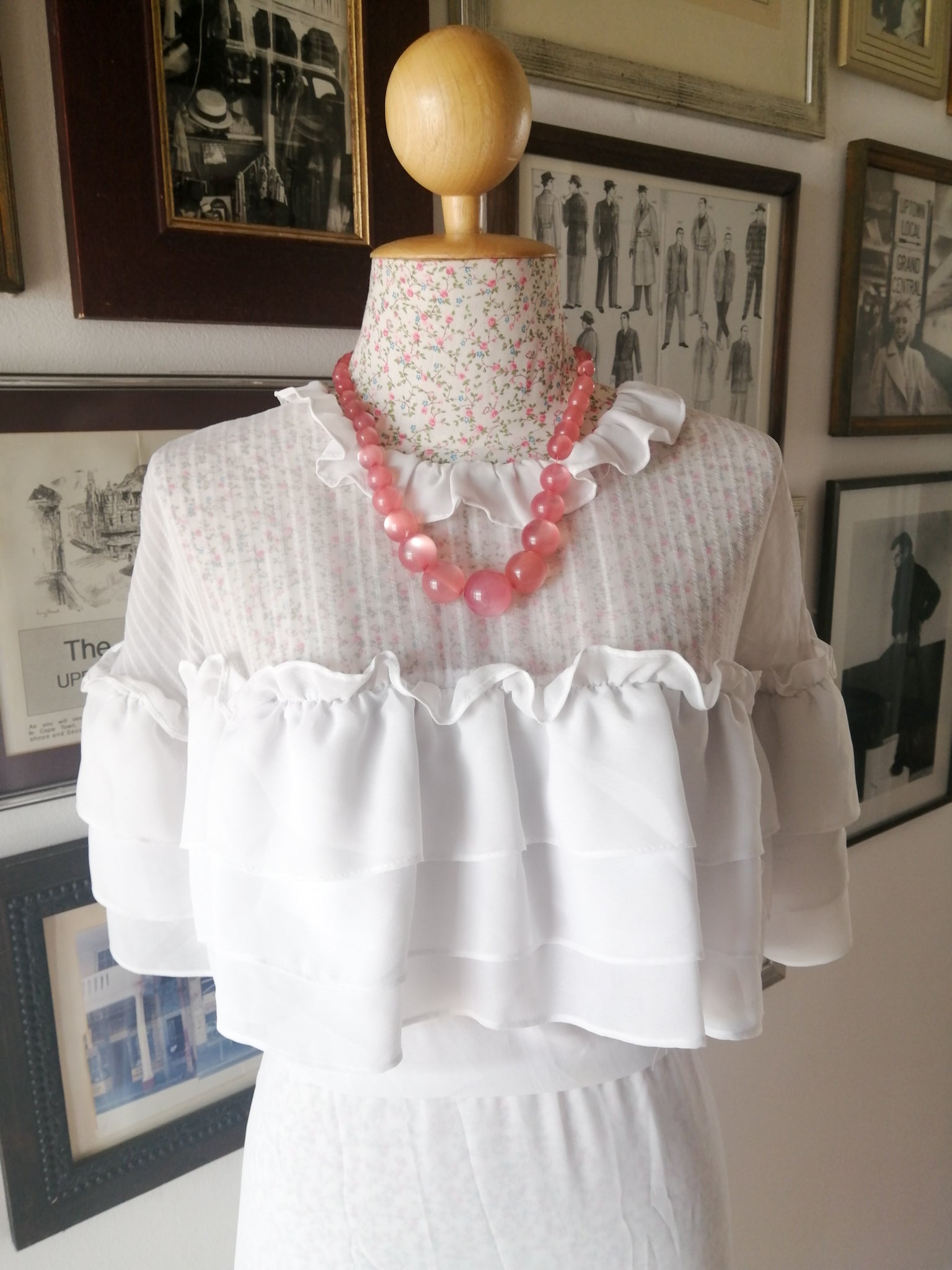 1970's Vintage white chiffon frilly shoulder dress