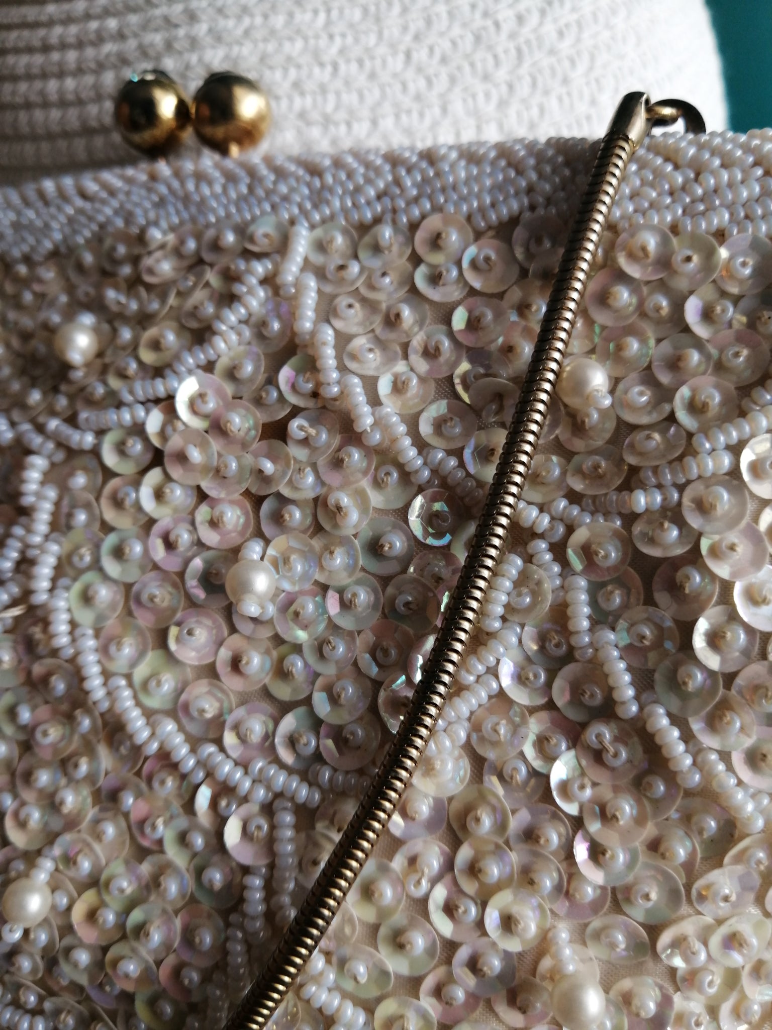 Handmade cream sequins beaded clutch handbag