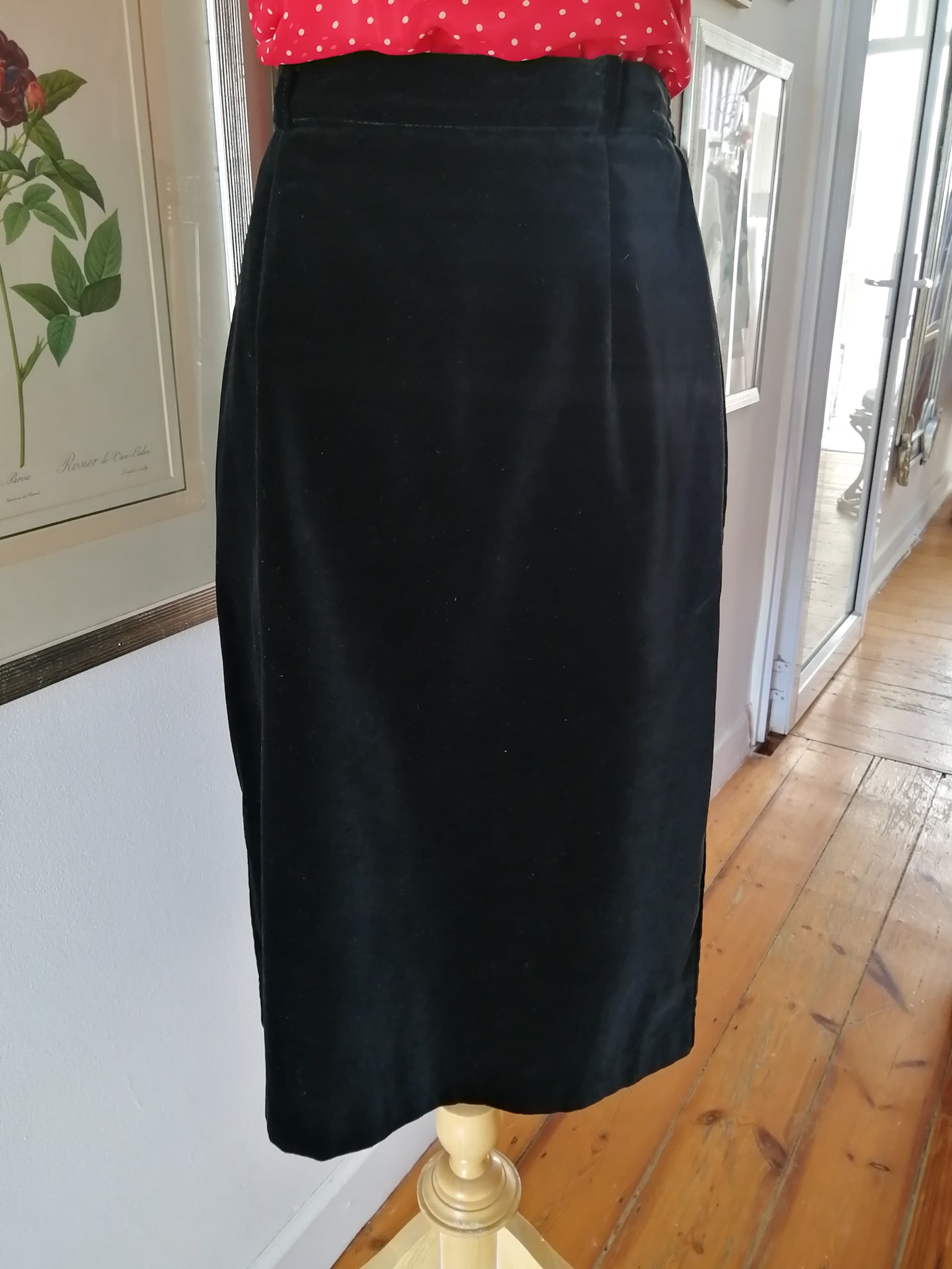 Black velvet midi length pencil skirt