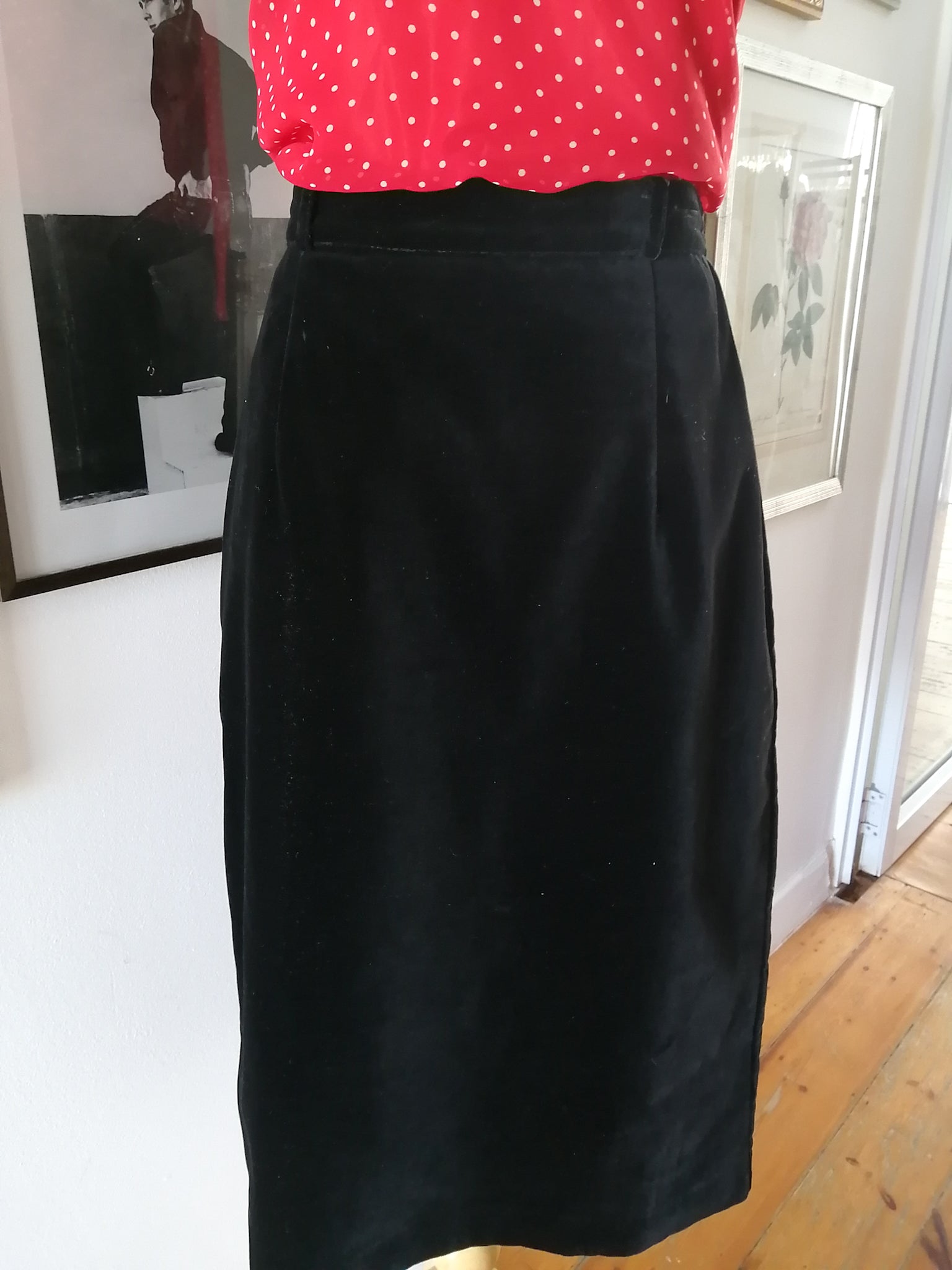 Black velvet midi length pencil skirt