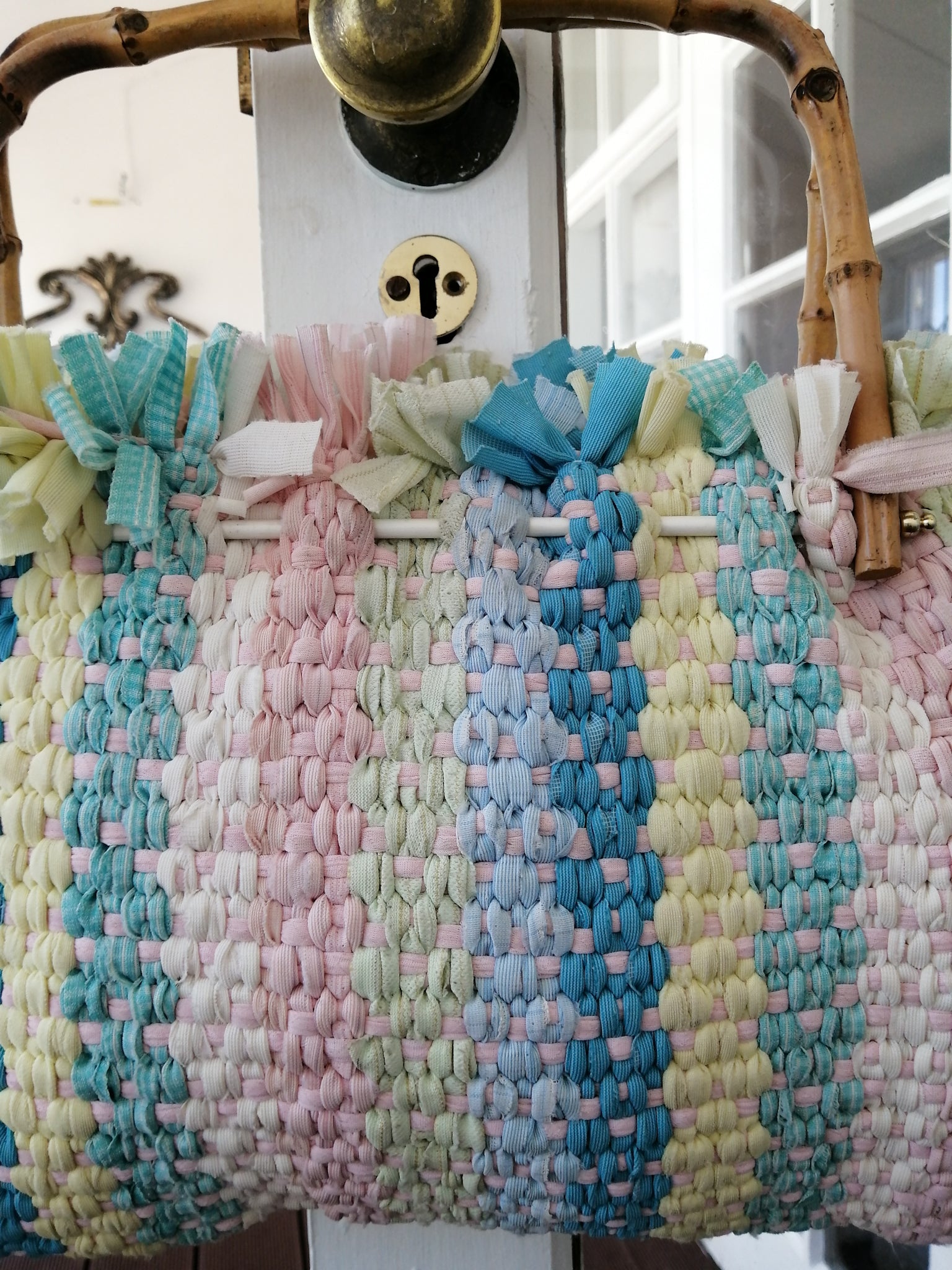 Pastel crochet knitting bag with bamboo handle