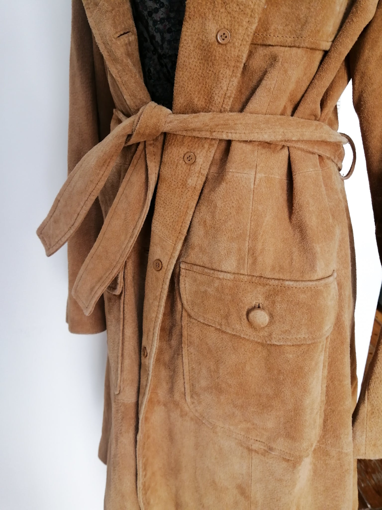 Tan suede belted leather coat